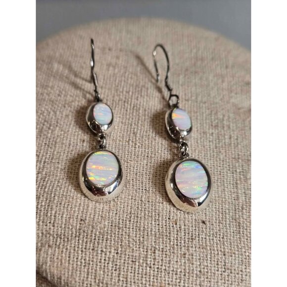 Mexico 950 Silver White Lab Opal Dangle Earrings - Picture 2 of 7